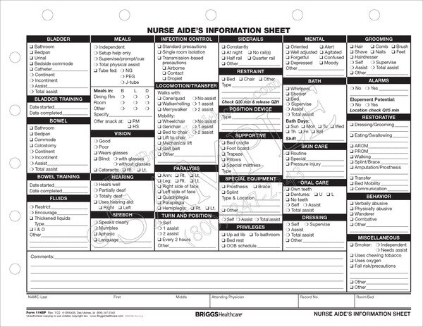 Nurse Aide's Information Sheet