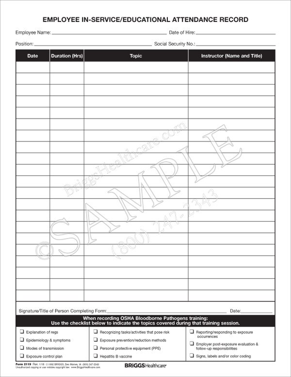 Employee In Service Educational Attendance Record