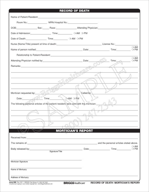 Record of Death/Mortician&rsquo;s Report