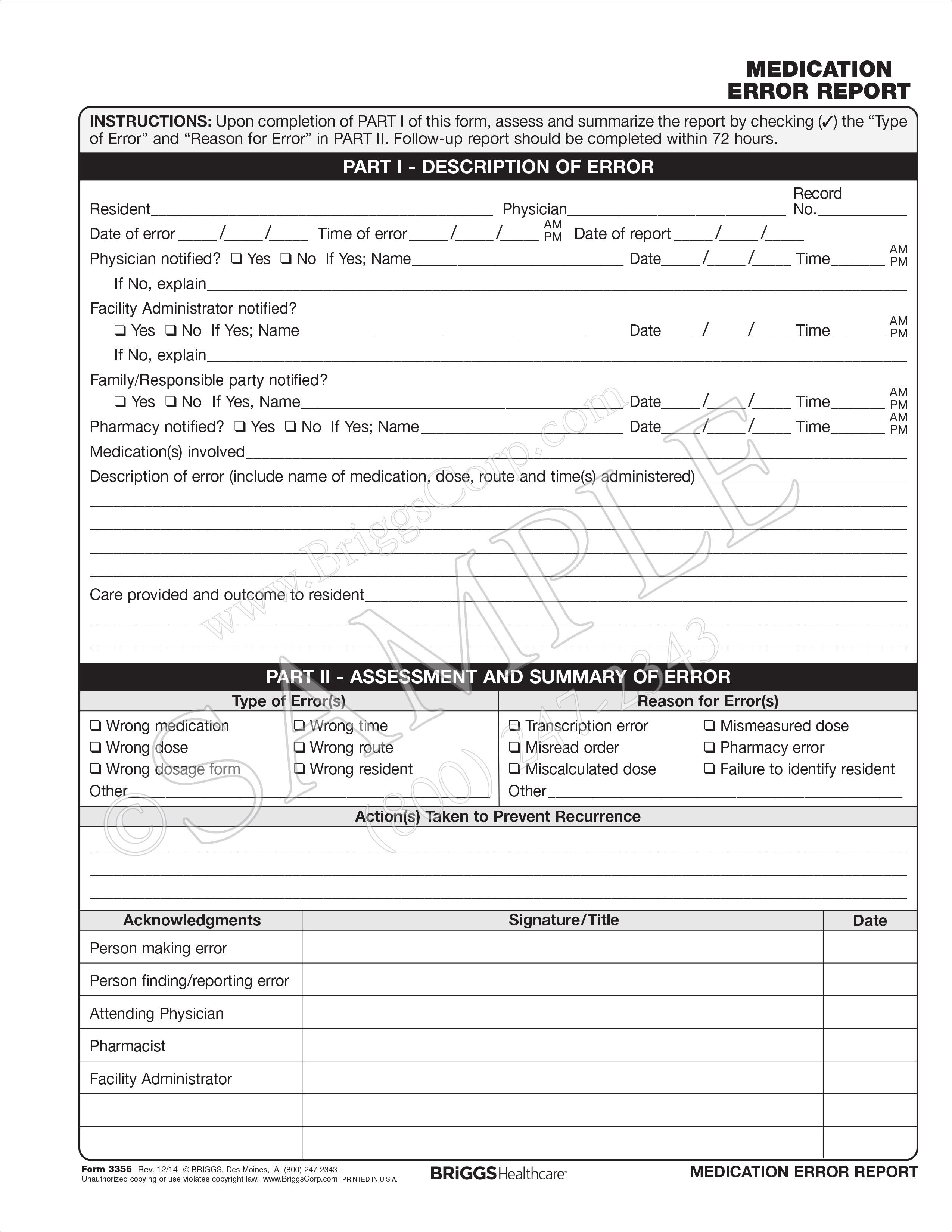 assisted living medication error report form medication error report form