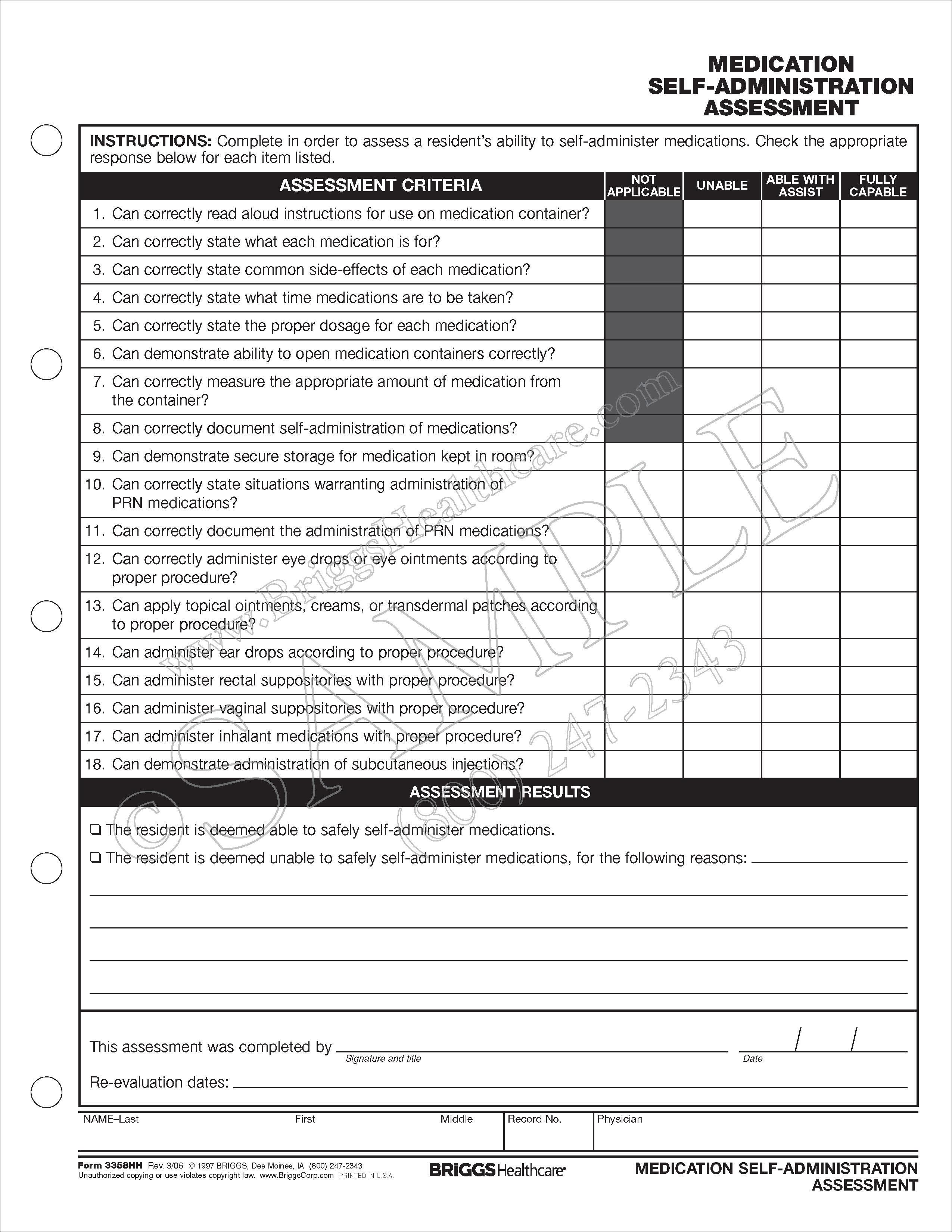 medication self administration assessment form bed rail assessment form