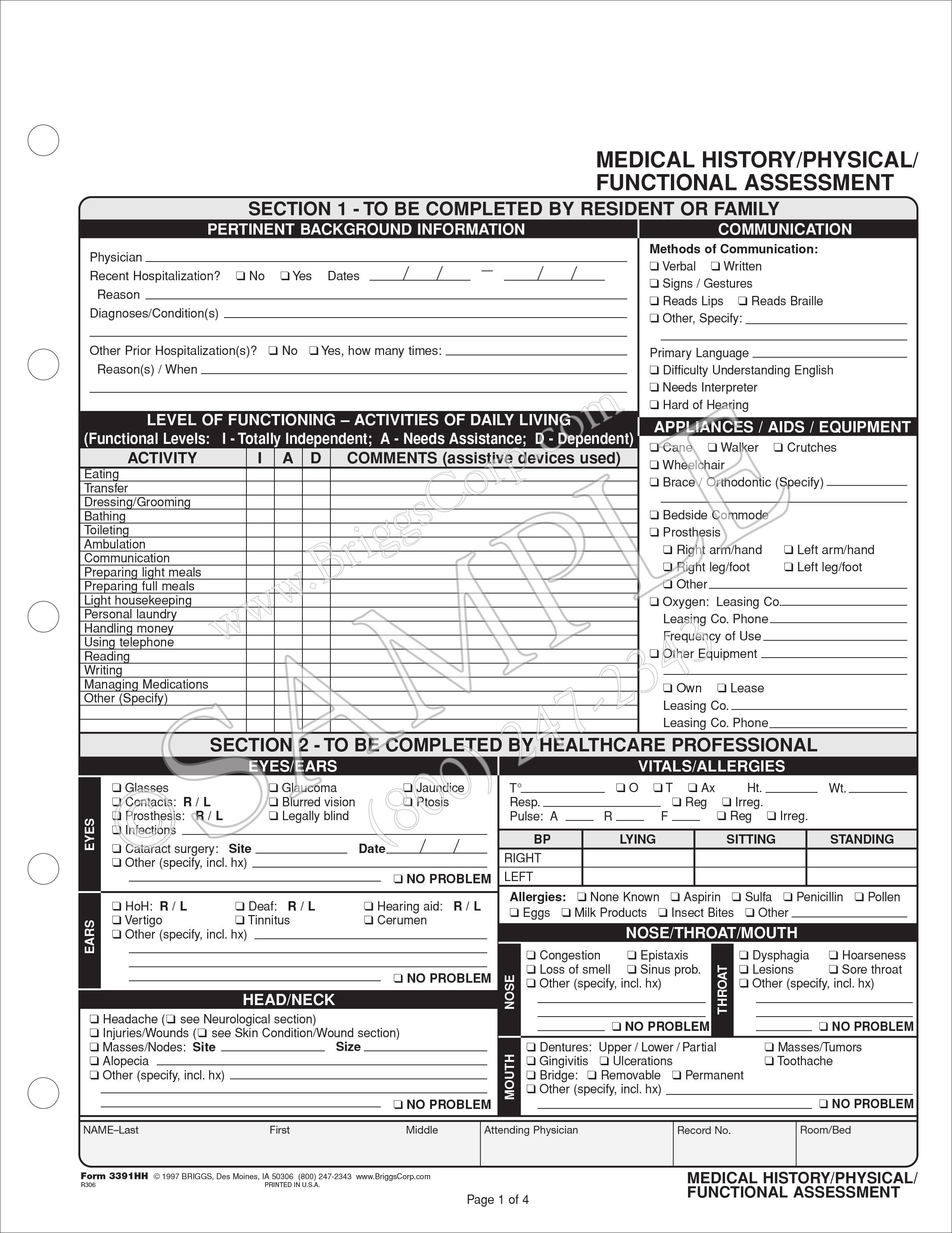 medical history physical function assessment form bed rail assessment form