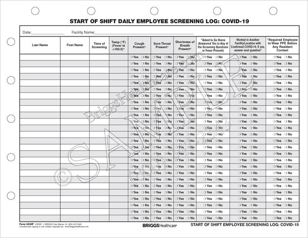 Start of Shift Daily Employee Screening Log COVID19