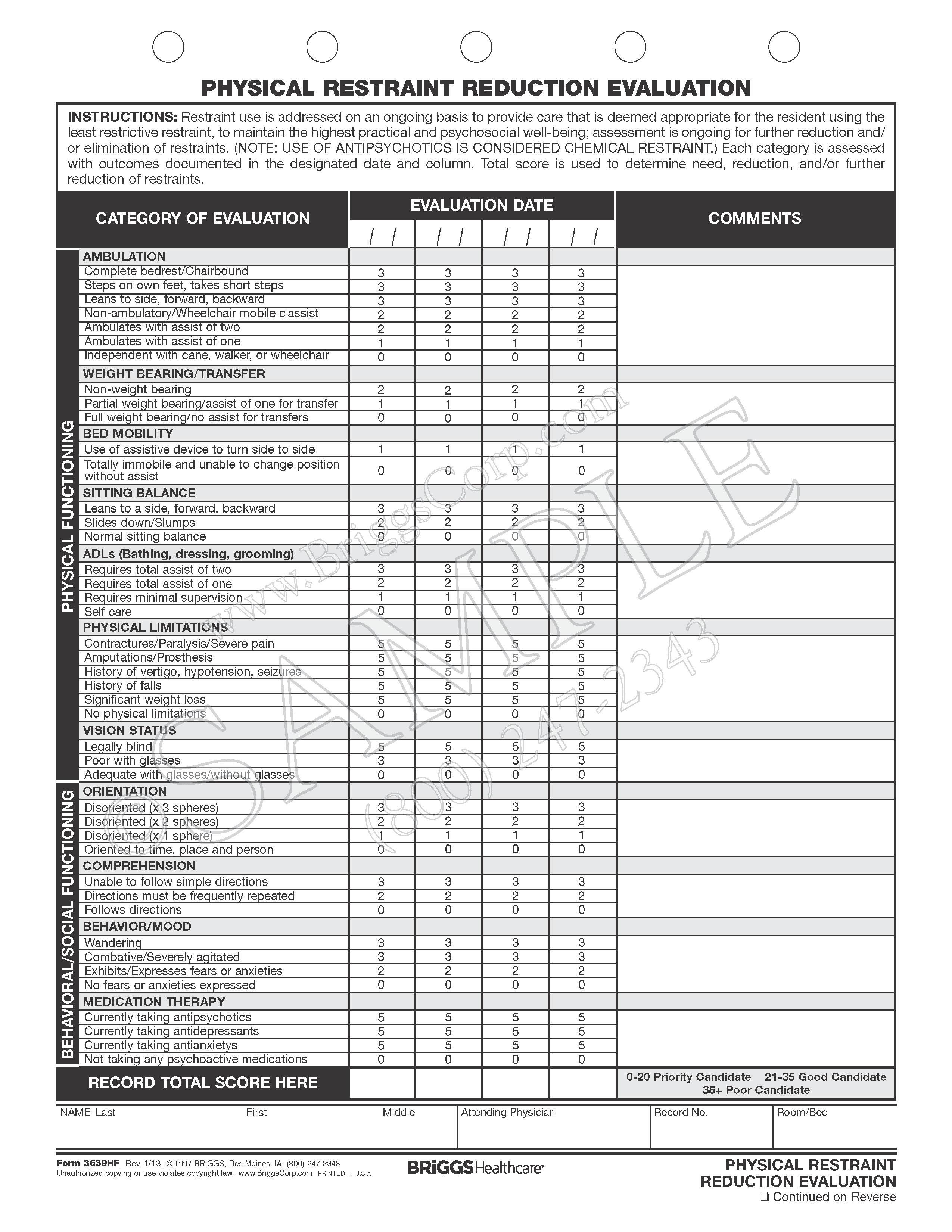 physical restraint reduction assessment form bed rail assessment form