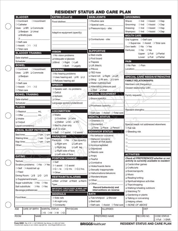 Resident Status and Care Plan