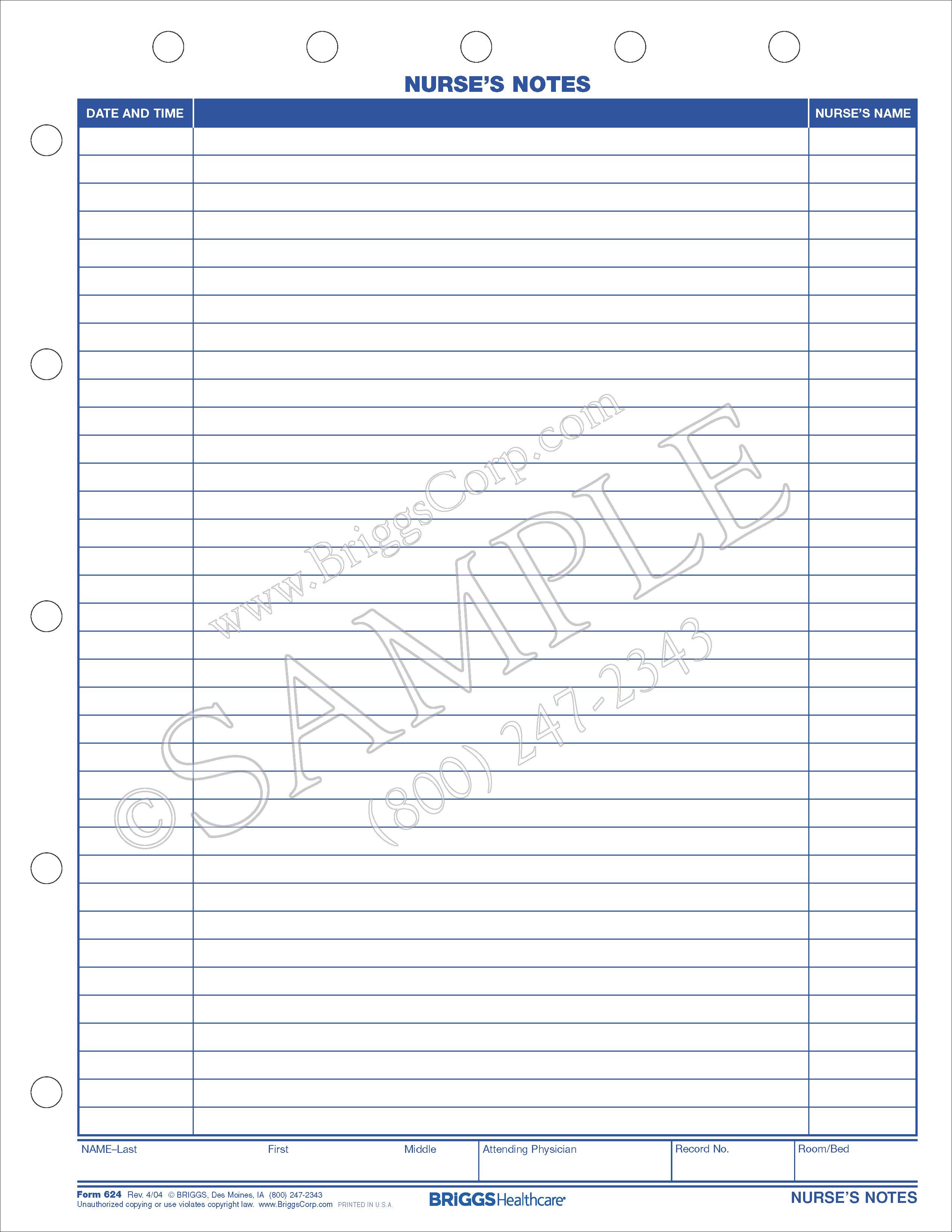 nurses notes form 1 sided notes form