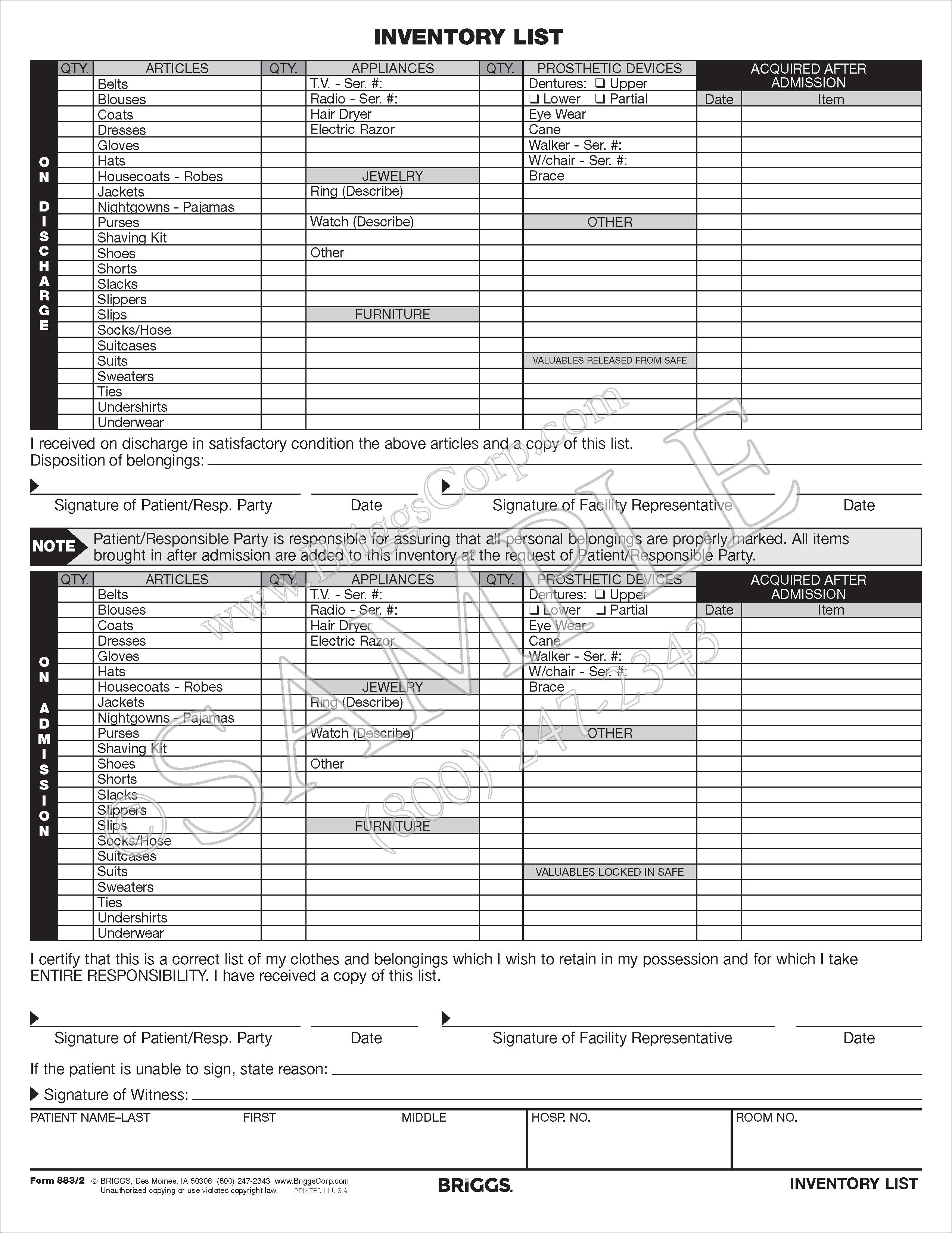 resident inventory list 2 pt form carbonless inventory list