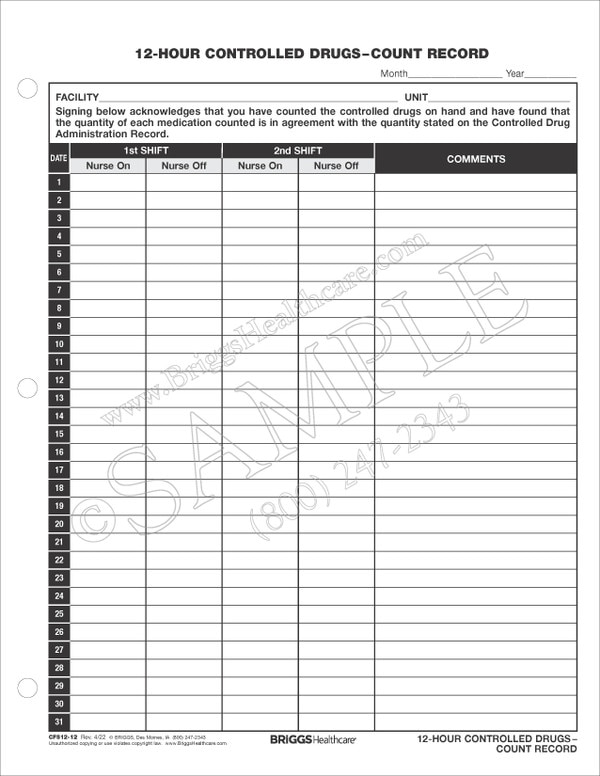 12 hour controlled drugs count record health record template