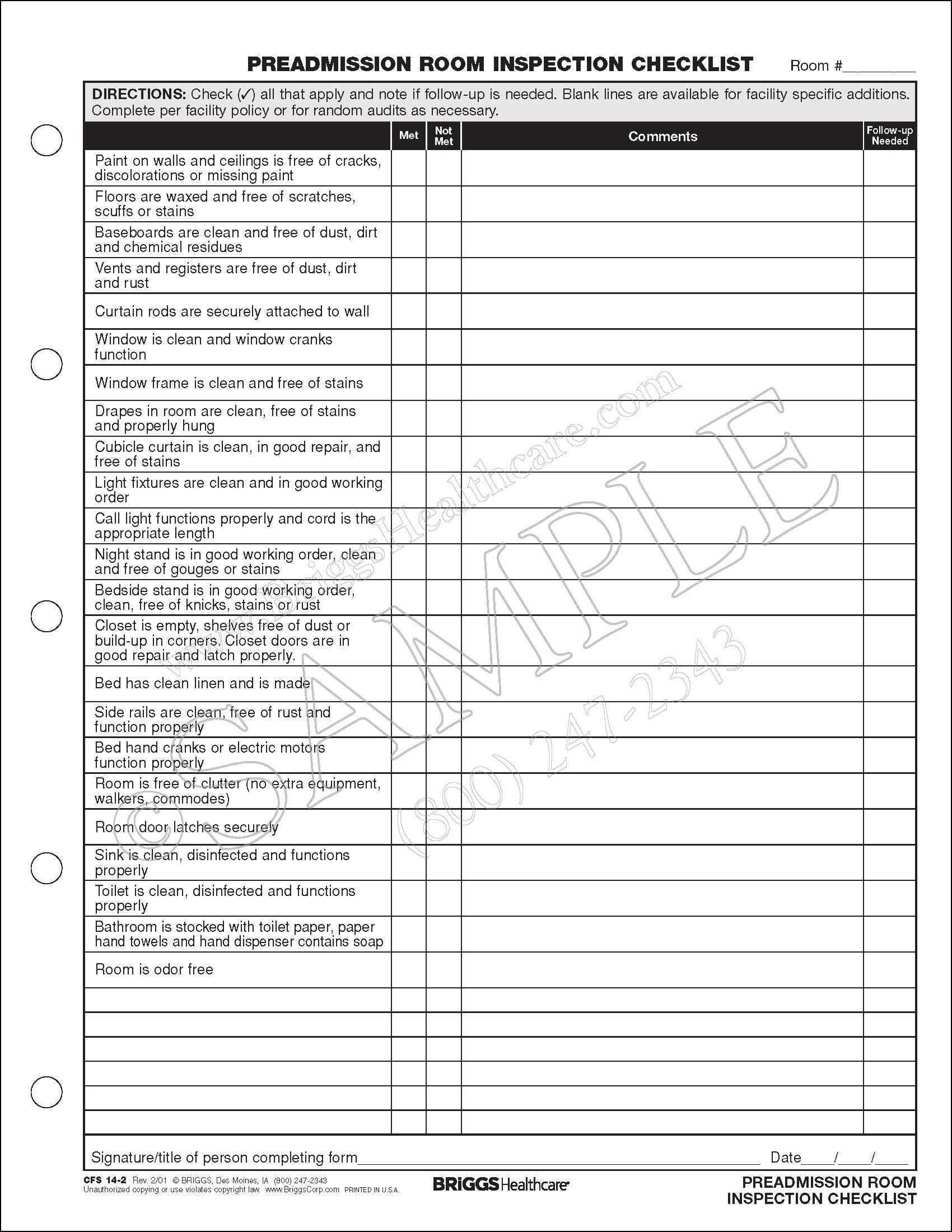 preadmission room inspection checklist inspection checklist